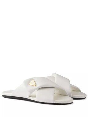 PRADA Triangle Logo Padded Crisscross Criss Cross Flat Slides Sandals